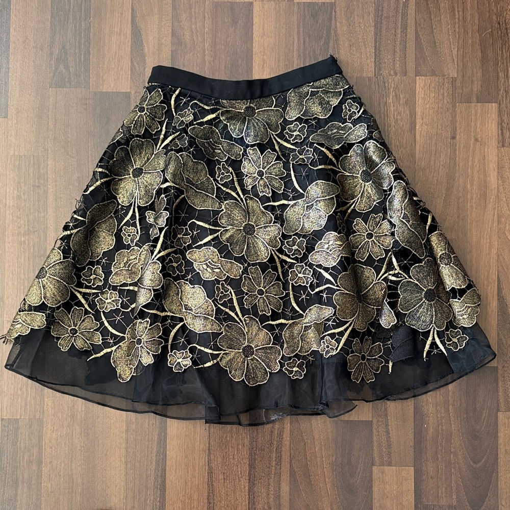 Eva Franco Black and Gold Floral A-Line Skirt